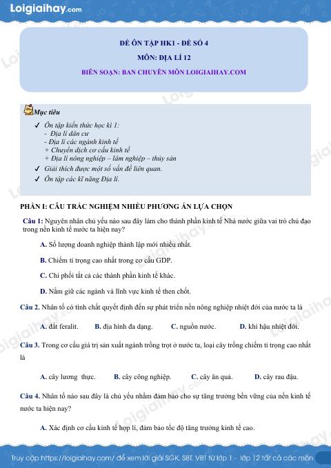 Đề kiểm tra học kì 1 Địa lí 12 - Đề số 4